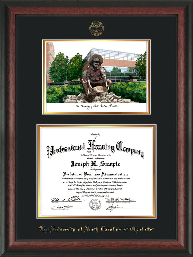 Image of University of North Carolina Charlotte Diploma Frame - Rosewood - w/Official Embossing of UNCC Seal & Name - Campus Watercolor - Black on Gold mats