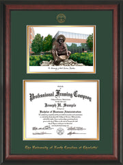Image of University of North Carolina Charlotte Diploma Frame - Rosewood - w/Official Embossing of UNCC Seal & Name - Campus Watercolor - Green on Gold mats