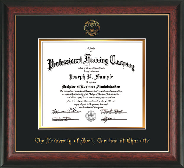 Image of University of North Carolina Charlotte Diploma Frame - Rosewood w/Gold Lip - w/Official Embossing of UNCC Seal & Name - Black on Gold mats