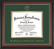 Image of University of North Carolina Charlotte Diploma Frame - Rosewood w/Gold Lip - w/Official Embossing of UNCC Seal & Name - Green on Gold mats