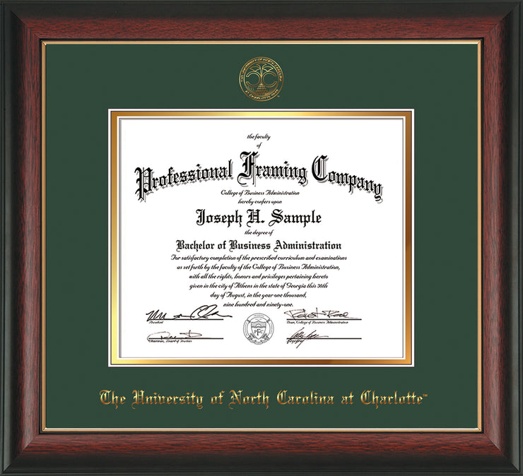Image of University of North Carolina Charlotte Diploma Frame - Rosewood w/Gold Lip - w/Official Embossing of UNCC Seal & Name - Green on Gold mats