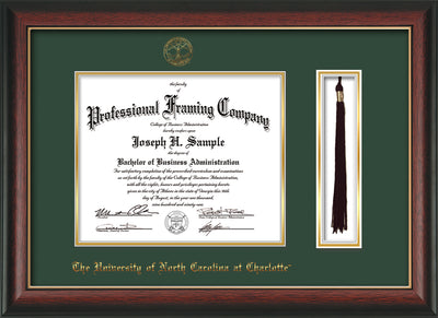 Image of University of North Carolina Charlotte Diploma Frame - Rosewood w/Gold Lip - w/Official Embossing of UNCC Seal & Name - Tassel Holder - Green on Gold