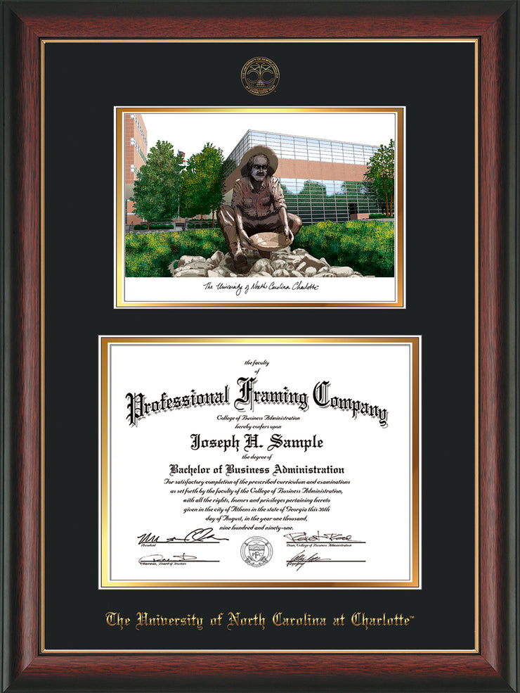 Image of University of North Carolina Charlotte Diploma Frame - Rosewood w/Gold Lip - w/Official Embossing of UNCC Seal & Name - Watercolor - Black on Gold