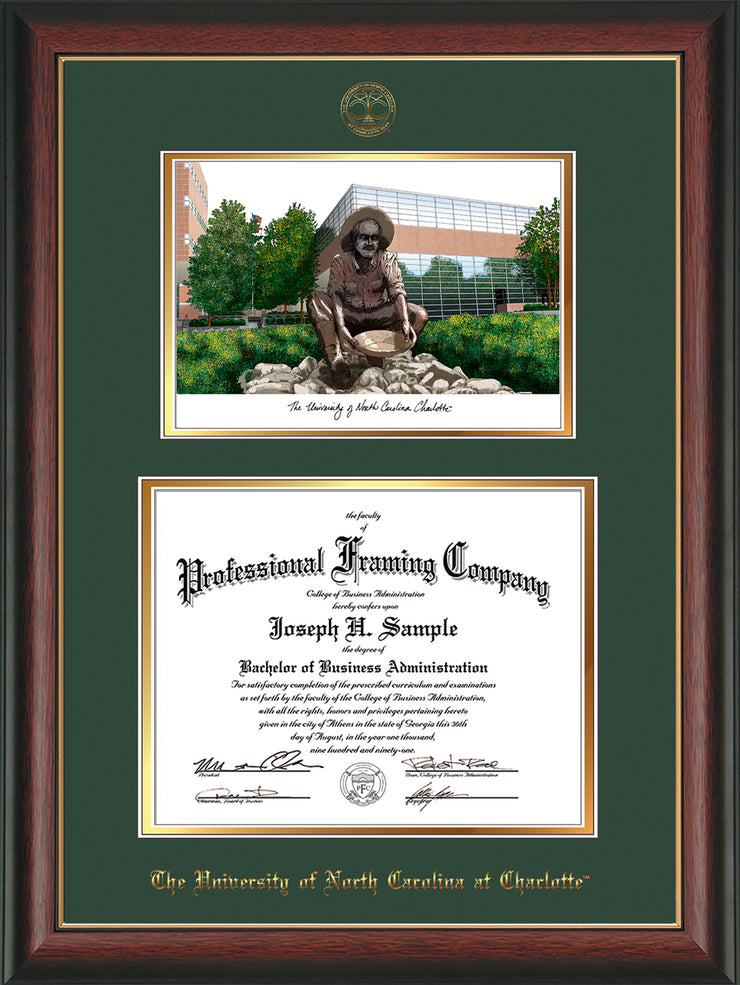 Image of University of North Carolina Charlotte Diploma Frame - Rosewood w/Gold Lip - w/Official Embossing of UNCC Seal & Name - Watercolor - Green on Gold