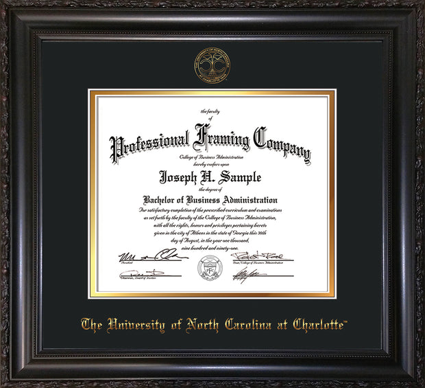 Image of University of North Carolina Charlotte Diploma Frame - Vintage Black Scoop - w/Official Embossing of UNCC Seal & Name - Black on Gold mats