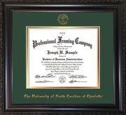 Image of University of North Carolina Charlotte Diploma Frame - Vintage Black Scoop - w/Official Embossing of UNCC Seal & Name - Green on Gold mats