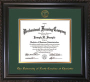 Image of University of North Carolina Charlotte Diploma Frame - Vintage Black Scoop - w/Official Embossing of UNCC Seal & Name - Green on Gold mats