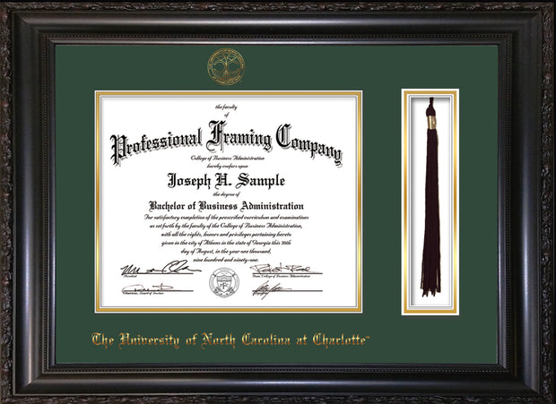 Image of University of North Carolina Charlotte Diploma Frame - Vintage Black Scoop - w/Official Embossing of UNCC Seal & Name - Tassel Holder - Green on Gold