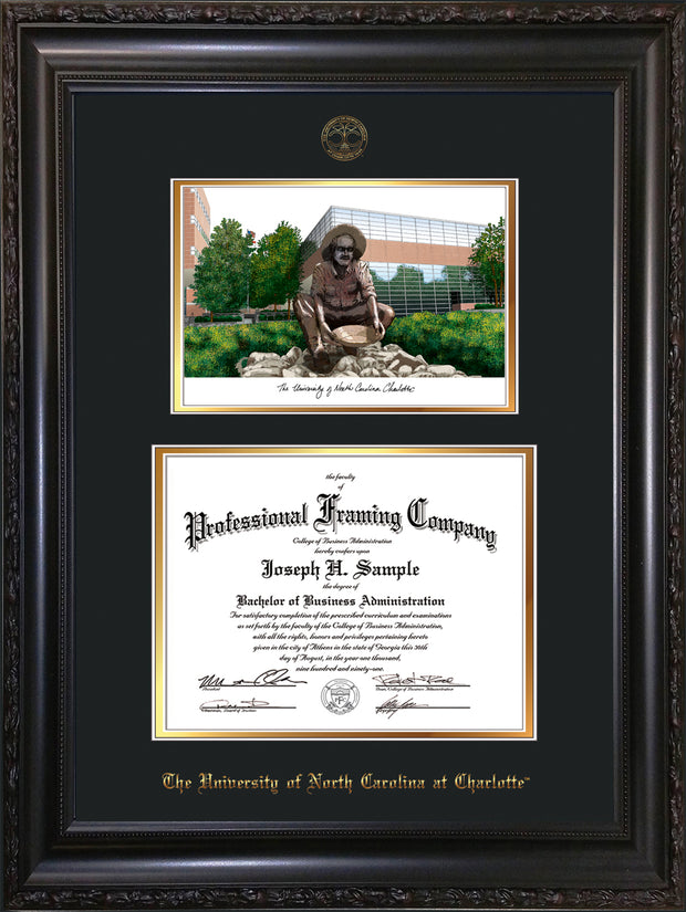Image of University of North Carolina Charlotte Diploma Frame - Vintage Black Scoop - w/Official Embossing of UNCC Seal & Name - Watercolor - Black on Gold