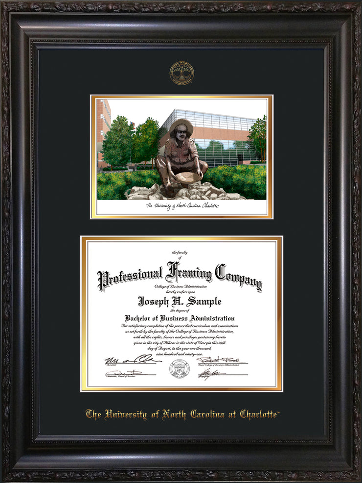 Image of University of North Carolina Charlotte Diploma Frame - Vintage Black Scoop - w/Official Embossing of UNCC Seal & Name - Watercolor - Black on Gold