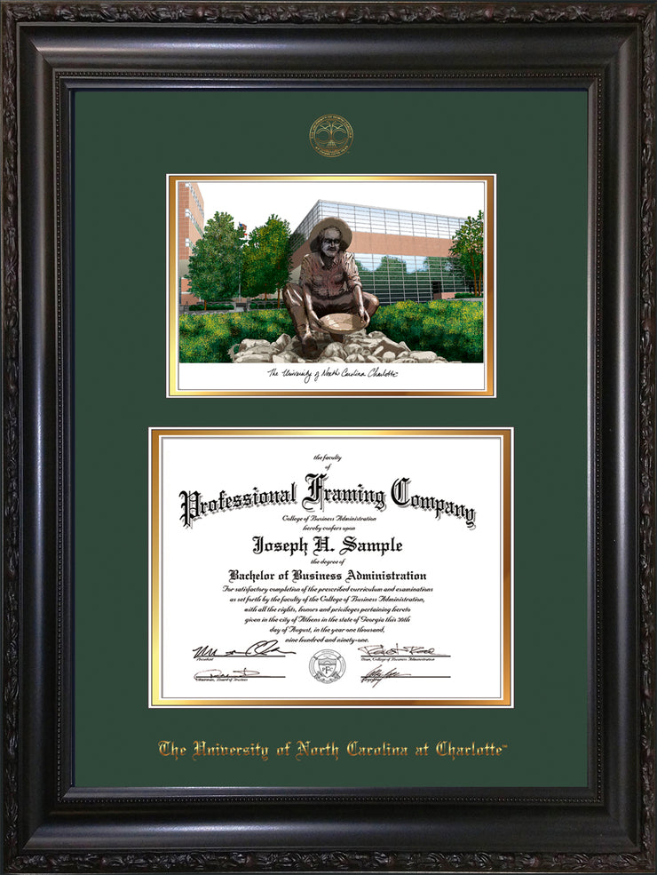Image of University of North Carolina Charlotte Diploma Frame - Vintage Black Scoop - w/Official Embossing of UNCC Seal & Name - Watercolor - Green on Gold