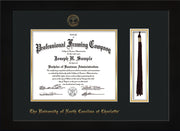 Image of University of North Carolina Charlotte Diploma Frame - Flat Matte Black - w/Official Embossing of UNCC Seal & Name - Tassel Holder - Black on Gold mats