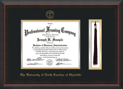 Image of University of North Carolina Charlotte Diploma Frame - Mahogany Braid - w/Official Embossing of UNCC Seal & Name - Tassel Holder - Black on Gold mats