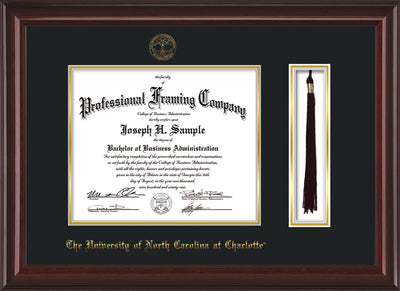 Image of University of North Carolina Charlotte Diploma Frame - Mahogany Lacquer - w/Official Embossing of UNCC Seal & Name - Tassel Holder - Black on Gold