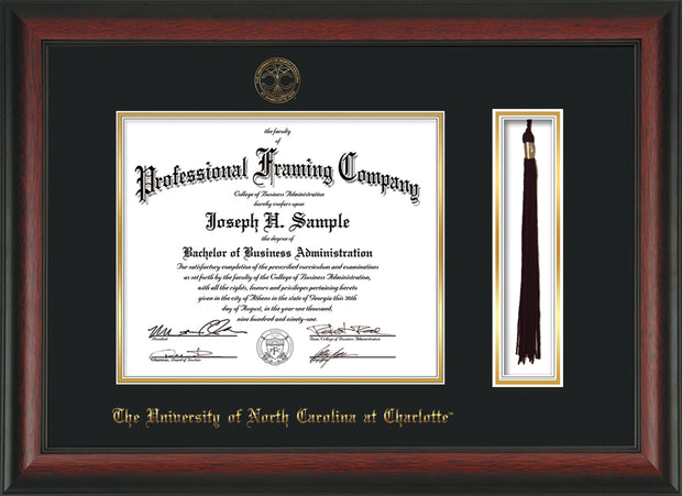 Image of University of North Carolina Charlotte Diploma Frame - Rosewood - w/Official Embossing of UNCC Seal & Name - Tassel Holder - Black on Gold mats