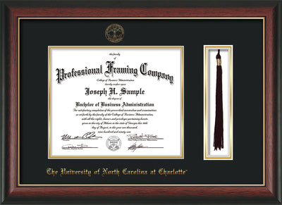 Image of University of North Carolina Charlotte Diploma Frame - Rosewood w/Gold Lip - w/Official Embossing of UNCC Seal & Name - Tassel Holder - Black on Gold