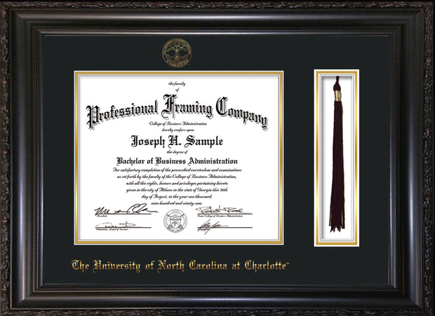Image of University of North Carolina Charlotte Diploma Frame - Vintage Black Scoop - w/Official Embossing of UNCC Seal & Name - Tassel Holder - Black on Gold