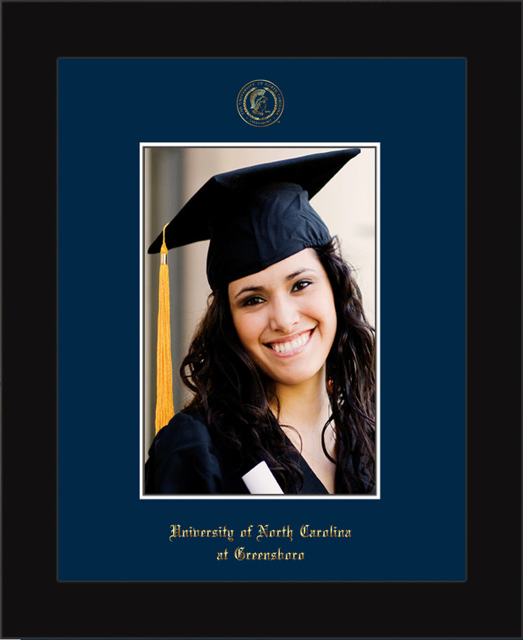 Image of University of North Carolina Greensboro 5 x 7 Photo Frame - Flat Matte Black - w/Official Embossing of UNCG Seal & Name - Single Navy mat
