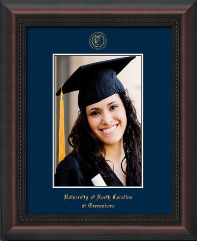 Image of University of North Carolina Greensboro 5 x 7 Photo Frame - Mahogany Braid - w/Official Embossing of UNCG Seal & Name - Single Navy mat