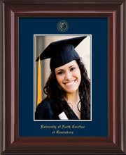 Image of University of North Carolina Greensboro 5 x 7 Photo Frame - Mahogany Lacquer - w/Official Embossing of UNCG Seal & Name - Single Navy mat