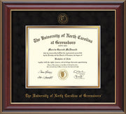 Image of University of North Carolina Greensboro Diploma Frame - Cherry Lacquer - w/Embossed Seal & Name - Black Suede on Gold mat