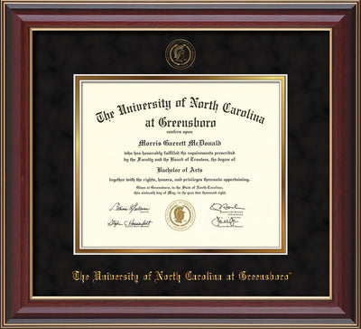 Image of University of North Carolina Greensboro Diploma Frame - Cherry Lacquer - w/Embossed Seal & Name - Black Suede on Gold mat