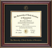 Image of University of North Carolina Greensboro Diploma Frame - Cherry Lacquer - w/Embossed Seal & Name - Black on Gold mat
