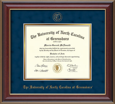 Image of University of North Carolina Greensboro Diploma Frame - Cherry Lacquer - w/Embossed Seal & Name - Navy Suede on Gold mat