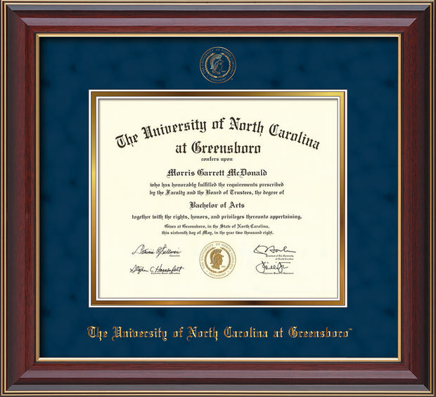 Image of University of North Carolina Greensboro Diploma Frame - Cherry Lacquer - w/Embossed Seal & Name - Navy Suede on Gold mat