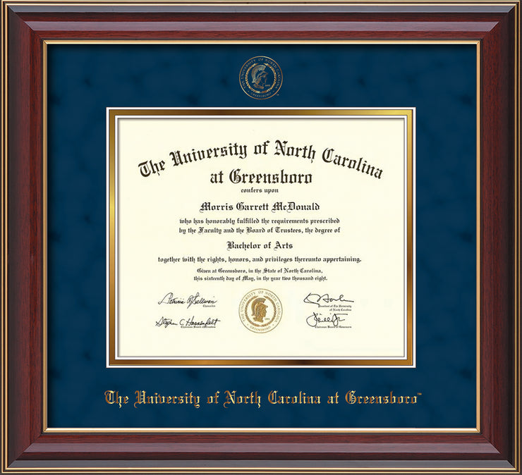 Image of University of North Carolina Greensboro Diploma Frame - Cherry Lacquer - w/Embossed Seal & Name - Navy Suede on Gold mat
