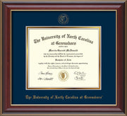 Image of University of North Carolina Greensboro Diploma Frame - Cherry Lacquer - w/Embossed Seal & Name - Navy on Gold mat