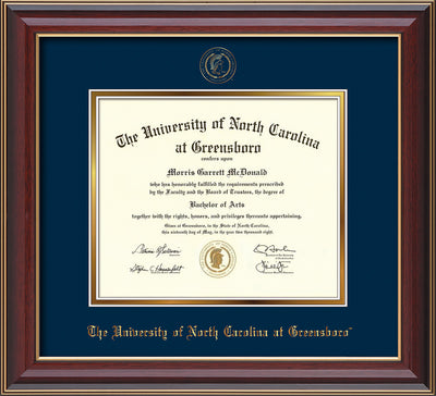 Image of University of North Carolina Greensboro Diploma Frame - Cherry Lacquer - w/Embossed Seal & Name - Navy on Gold mat