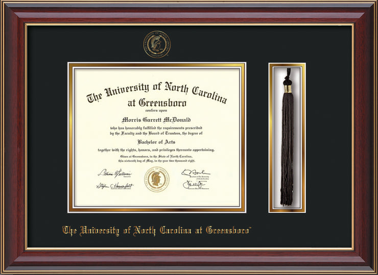 Image of University of North Carolina Greensboro Diploma Frame - Cherry Lacquer - w/Embossed Seal & Name - Tassel Holder - Black on Gold mat