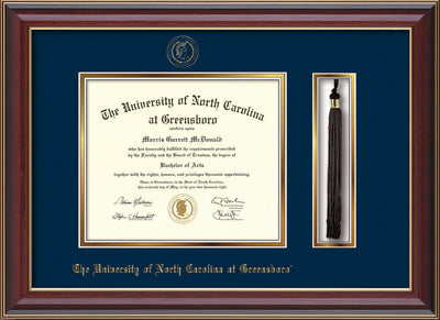 Image of University of North Carolina Greensboro Diploma Frame - Cherry Lacquer - w/Embossed Seal & Name - Tassel Holder - Navy on Gold mat