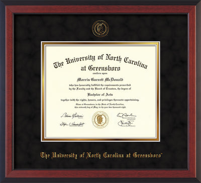 Image of University of North Carolina Greensboro Diploma Frame - Cherry Reverse - w/Embossed Seal & Name - Black Suede on Gold mat