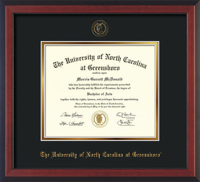 Image of University of North Carolina Greensboro Diploma Frame - Cherry Reverse - w/Embossed Seal & Name - Black on Gold mat