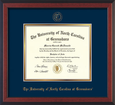 Image of University of North Carolina Greensboro Diploma Frame - Cherry Reverse - w/Embossed Seal & Name - Navy on Gold mat