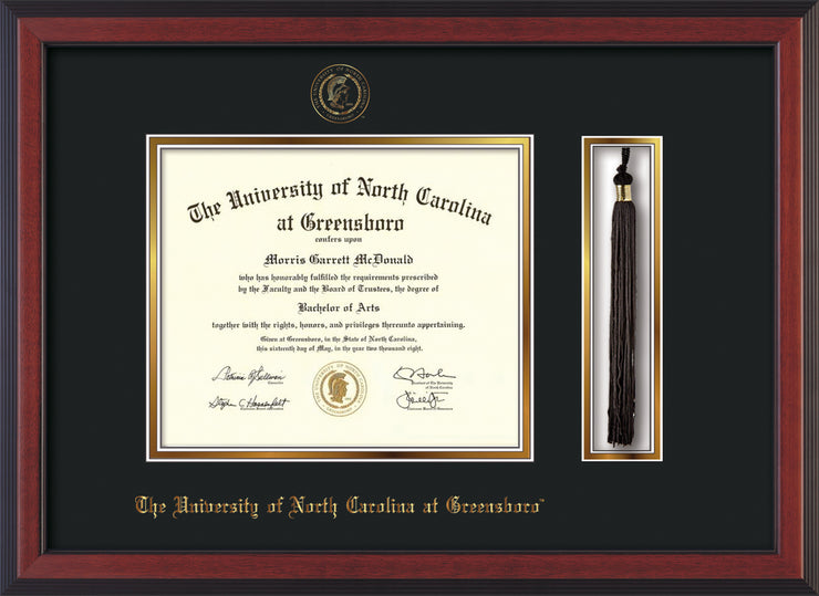 Image of University of North Carolina Greensboro Diploma Frame - Cherry Reverse - w/Embossed Seal & Name - Tassel Holder - Black on Gold mat
