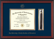 Image of University of North Carolina Greensboro Diploma Frame - Cherry Reverse - w/Embossed Seal & Name - Tassel Holder - Navy on Gold mat
