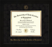 Image of University of North Carolina Greensboro Diploma Frame - Flat Matte Black - w/Embossed Seal & Name - Black Suede on Gold mat