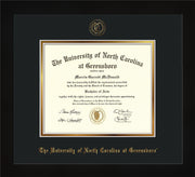 Image of University of North Carolina Greensboro Diploma Frame - Flat Matte Black - w/Embossed Seal & Name - Black on Gold mat