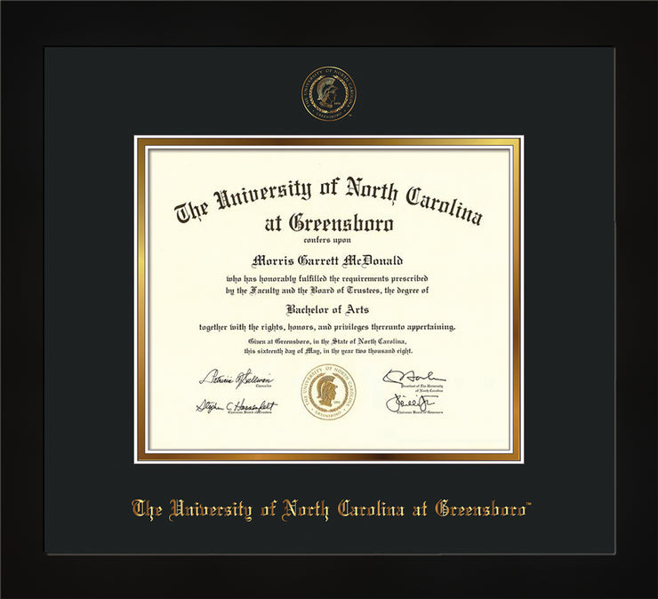 Image of University of North Carolina Greensboro Diploma Frame - Flat Matte Black - w/Embossed Seal & Name - Black on Gold mat