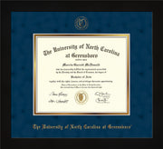 Image of University of North Carolina Greensboro Diploma Frame - Flat Matte Black - w/Embossed Seal & Name - Navy Suede on Gold mat