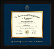 Image of University of North Carolina Greensboro Diploma Frame - Flat Matte Black - w/Embossed Seal & Name - Black on Gold mat