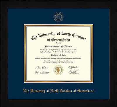 Image of University of North Carolina Greensboro Diploma Frame - Flat Matte Black - w/Embossed Seal & Name - Black on Gold mat