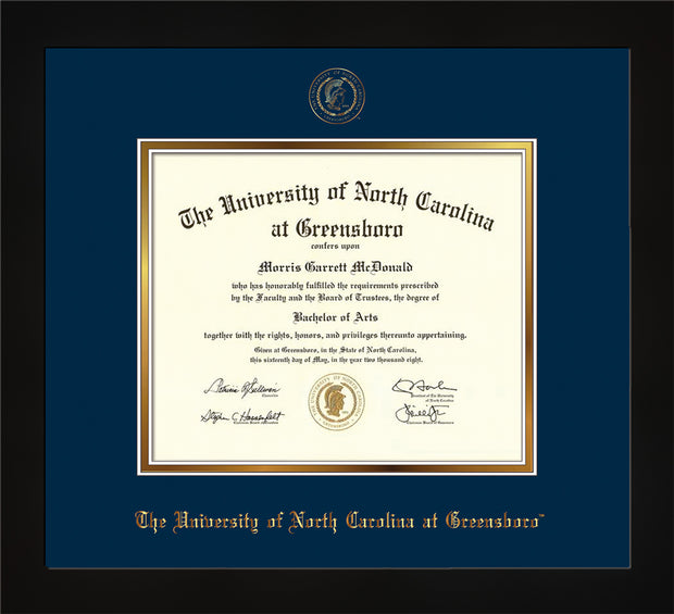 Image of University of North Carolina Greensboro Diploma Frame - Flat Matte Black - w/Embossed Seal & Name - Black on Gold mat