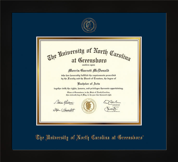 Image of University of North Carolina Greensboro Diploma Frame - Flat Matte Black - w/Embossed Seal & Name - Black on Gold mat