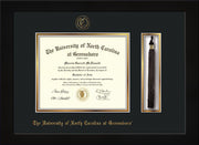 Image of University of North Carolina Greensboro Diploma Frame - Flat Matte Black - w/Embossed Seal & Name - Tassel Holder - Black on Gold mat