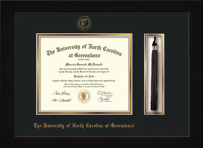 Image of University of North Carolina Greensboro Diploma Frame - Flat Matte Black - w/Embossed Seal & Name - Tassel Holder - Black on Gold mat