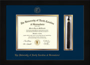 Image of University of North Carolina Greensboro Diploma Frame - Cherry Reverse - w/Embossed Seal & Name - Tassel Holder - Navy on Gold mat